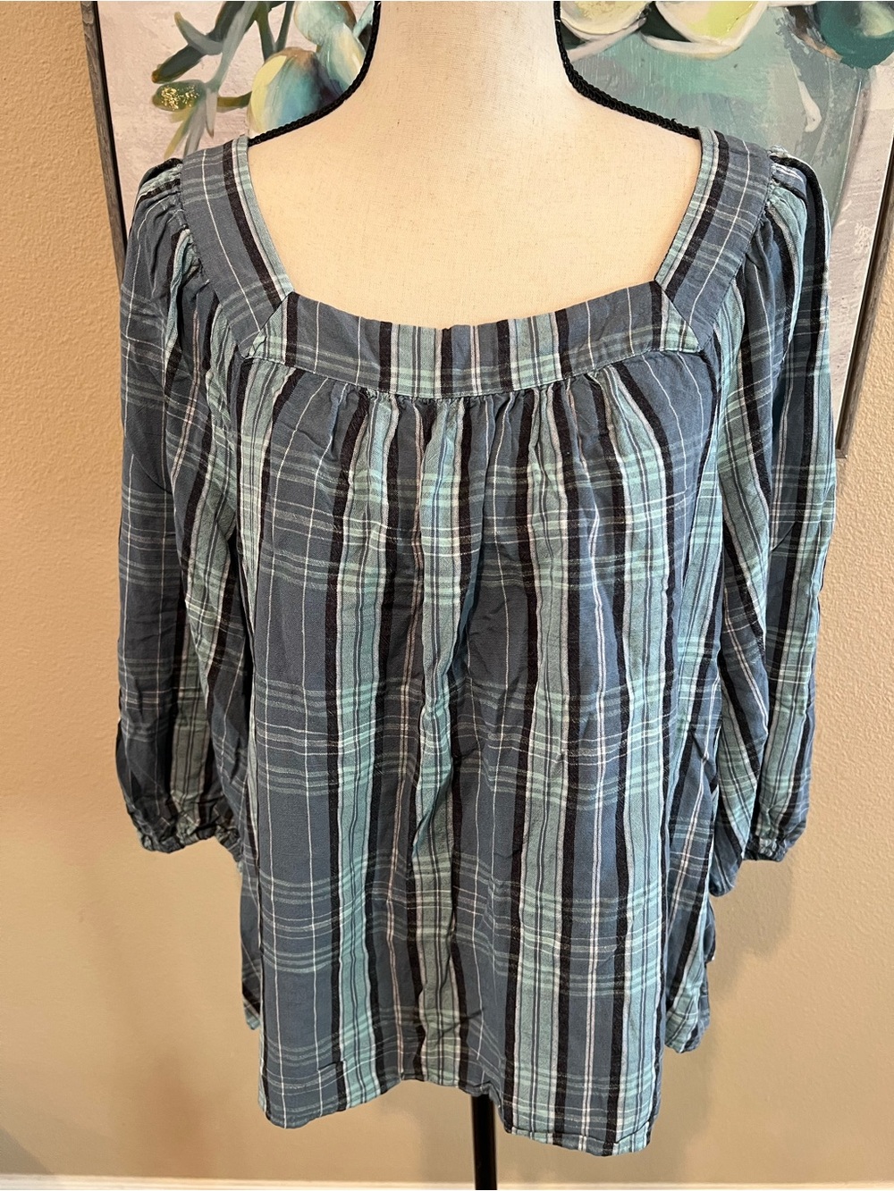 LC Lauren Conrad Plaid Square-Neck Tunic in Teal and Navy